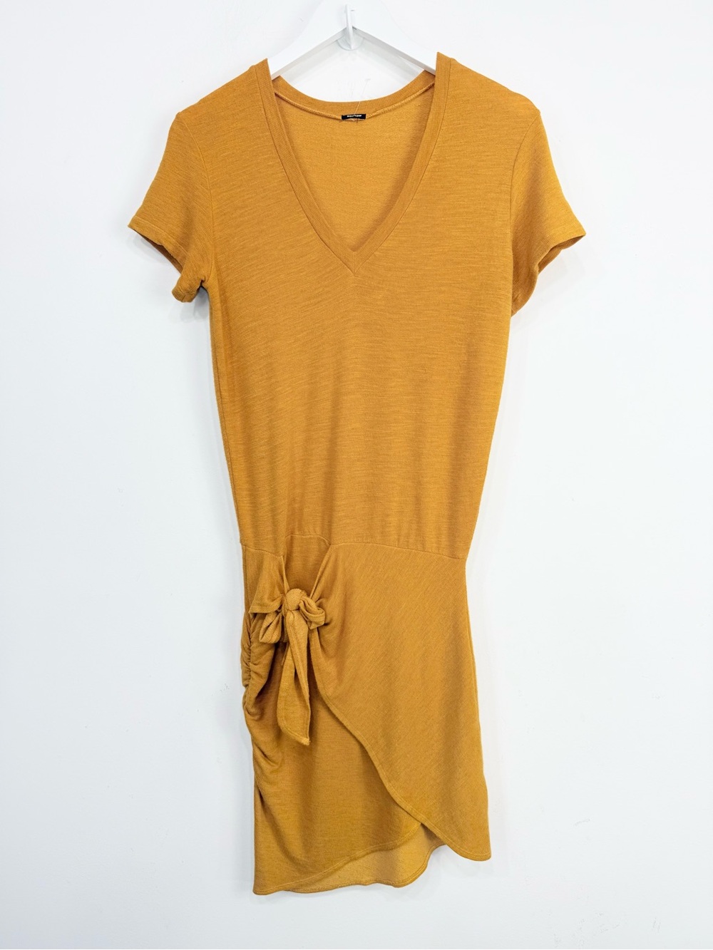 Monrow Marigold Yellow Waist Tie Ruched Skirt Casual Stretch T Shirt Dress